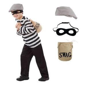 Kids Burglar Costume + Swag Bag S - XL Boys Bank Robber Fancy Dress Book Week