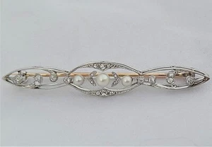 Antique Edwardian 18ct White and Yellow Gold Bar Brooch Diamonds Natural Pearls - Picture 1 of 9