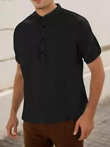 Men's Casual Henley Tee Shirt Cotton Short Sleeve Summer Beach Hippie T Shirts - Picture 1 of 12
