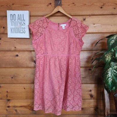 Motherhood Maternity Dress Coral Pink Floral Overlay Stretch Sheer Lined Size XL - Image 1 of 4