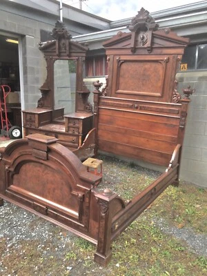 RENAISSANCE BURLED WALNUT MARBLE TOP 2 PC. BEDROOM SET - Image 1 of 4