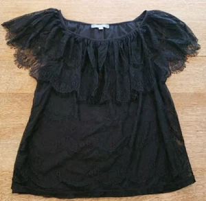 Sz M NY COLLECTION Women’s Short Sleeve Ruffle Stretch Black Blouse Top Shirt - Picture 1 of 11