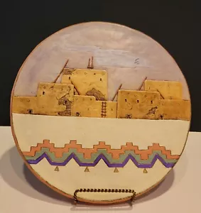 Vintage Native American Pottery 11" Plaque ☆ Taos Pueblo☆ Signed D.P, June 1991 - Picture 1 of 8