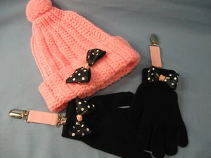 Knitted Black GLOVES & Handmade Crochet Pink HAT W/ bows SMALL GIRL CHILD new - Picture 1 of 5