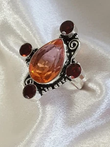 Stunning Red Garnet & Bi-Color Quartz Sterling Silver Ring, Adjustable - Picture 1 of 4