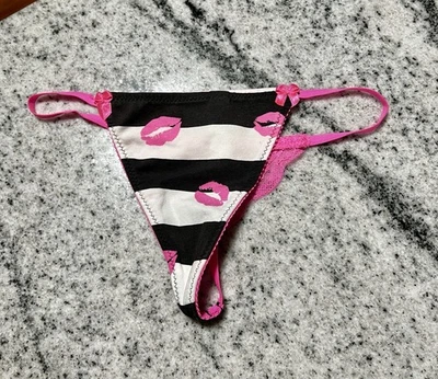 RARO Victoria's Secret ROSA Blanco y Negro Rayas Beso Tanga Tanga Bragas XS Foto 1 de 4
