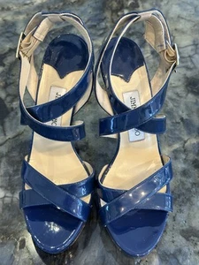 SANDALI STILETTO JIMMY CHOO BLU PATEN BLU PLATEAU TAGLIA - 9 US-39EU - Foto 1 di 11