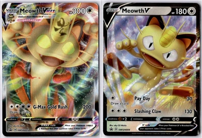 Meowth VMAX & Meowth V - SWSH005 & 004 Sword & Shield Black Star Promo Cards -NM - Image 1 of 2