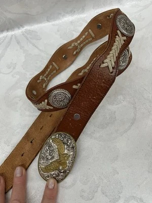 Dun Dee Vaquera Cuero Concho Cinturón Crumrine Eagle Cinturón Hebilla 37" - 41" Cintura Foto 1 de 4