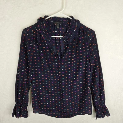 Top J Crew Cuello Volantes 100% Seda Estampado Labios Azul Marino Multi Talla 0 G9913 Manga Campana Foto 1 de 4