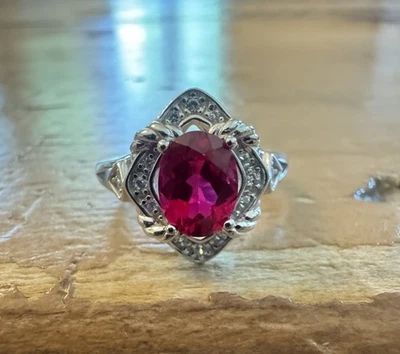 Avon Sterling Silver 925 Simulated Ruby Ring Size 6 Rhinestone Halo NVC NIB - Image 1 of 4