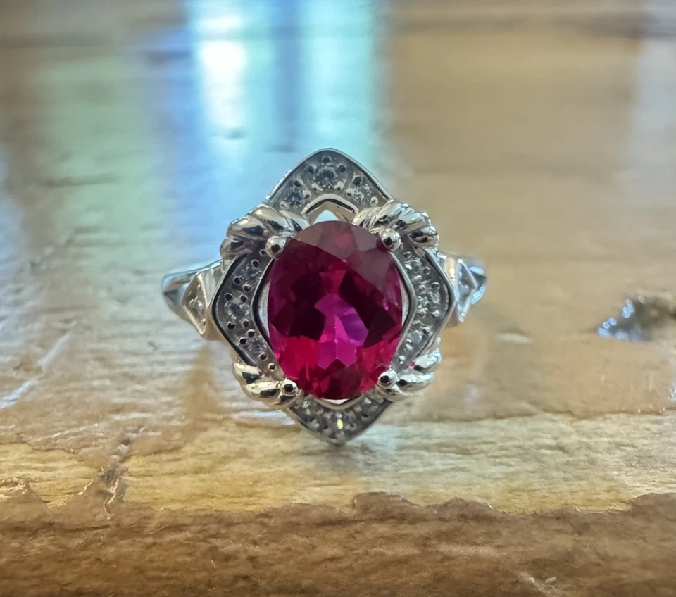 Avon Sterling Silver 925 Simulated Ruby Ring Size 6 Rhinestone Halo NVC NIB - Image 1 of 4