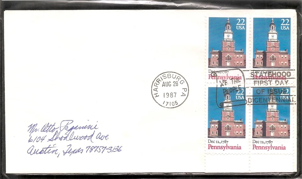 US SC # 2337 Pennsylvania Statehood FDC. BLK4 .  No Cachet.. - Image 1 of 1