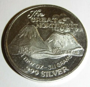 Vintage Mt. Saint Helens, WA Mt. Hood, OR 1 Troy Oz. .999 Fine Silver Round - Picture 1 of 2