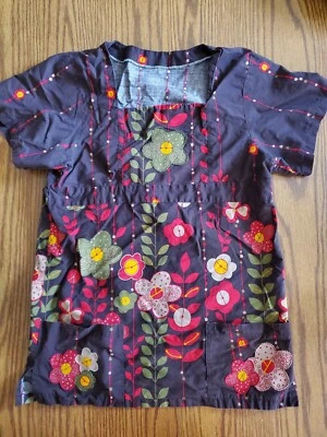 Unbranded Scrub Top Xs!! EUC!! Brown With Flowers Foto 1 de 4