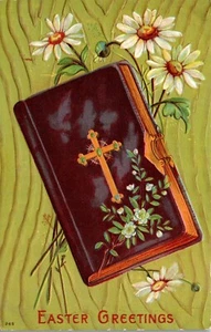 Vintage Easter Postcard ~ Embossed Bible with Cross & Daisy Flowers Religious - Picture 1 of 3