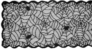 THIN FABRIC LACE TABLE RUNNER (13"x72") HALLOWEEN,BLACK SPIDERS & SPIDER WEB, GR - Picture 1 of 16