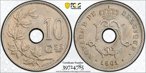 1901 Belgium 10 Centimes PCGS MS65 Key Date Coin Léopold II Gold Shield Secure - Picture 1 of 15