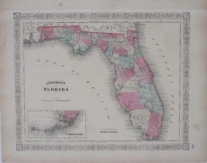 Original Hand-Colored 1863 Johnson Map FLORIDA Military Trails Forts Counties - Picture 1 of 14