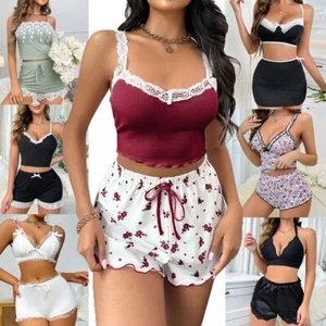 Fashion Womens Sleepwear Lace Trim Cami Crop Top and Shorts Set Pajamas Set - Picture 1 of 45