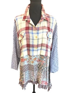 Ali Miles XL Patchwork Plaid Floral Button-Down Oversized Boyfriend Shirt Tunic - Picture 1 of 9