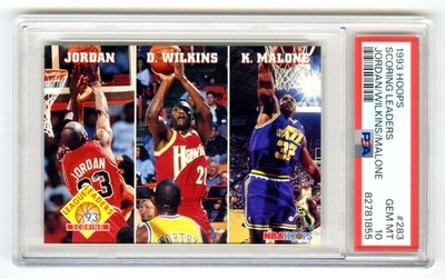 1993 年迈克尔·乔丹 ~ 威尔金斯 ~ 马龙 ~ NBA HOOPS 评分领袖 PSA-10 宝石卡 #283 — 第 1/2 张图片
