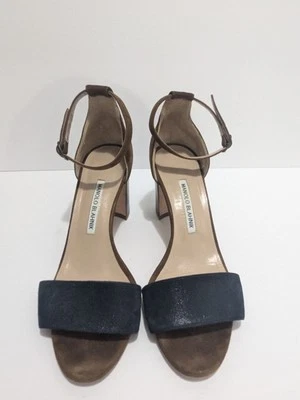 Manolo Blahnik Lauratop 麂皮踝带粗跟海军蓝/棕色 39 (8.5) 码 — 第 1/4 张图片