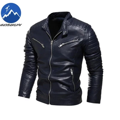 PU Leather Jacket Patchwork Biker Jackets Casual Zipper Male Motorcycle Jacket  - Image 1 of 4