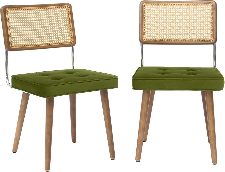 Juego de 2 sillas de comedor tapizadas con respaldo de ratán con patas de madera fuerte Foto 1 de 4