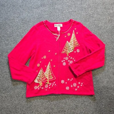 Suéter Tiara Internacional Mujer Grande Oro Rosa Árboles Campanas Feo Navidad Foto 1 de 4