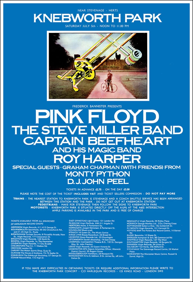 PINK FLOYD STEVE MILLER CAPTAIN BEEFHEART 1975 Knebworth Festival Concert Poster - Image 1 of 1
