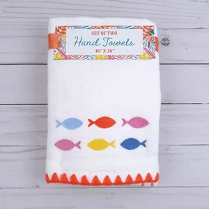 Guest Bath Hand Towel Set of 2 Fish Summer Stripe - Picture 1 of 2