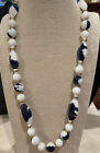 Vintage Jewelry Chunky Beaded Necklace 24” White Blue Lucite Gold Tone Clasp