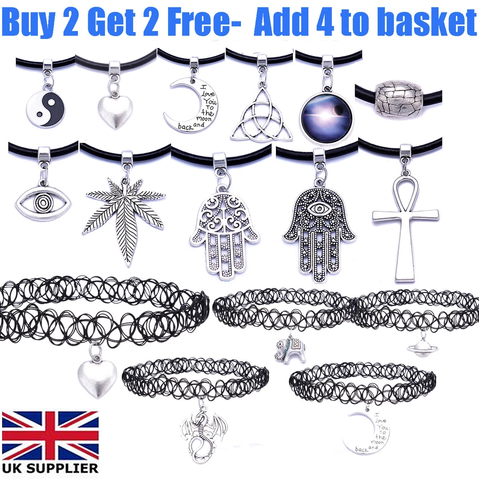 Collana girocollo tatuaggio ciondolo argento corda vera pelle nera da donna - Immagine 1 di 1