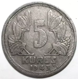 Repubblica Turca Moneta 5 Kuru 1943 KM# 862 Turchia Cinque Kuruş - Foto 1 di 2