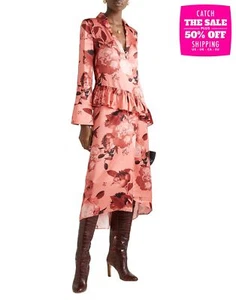 RRP€540 MOTHER OF PEARL Midi Flounce Dress UK10 US6 IT42 M Pink Floral Ruffle - Picture 1 of 7