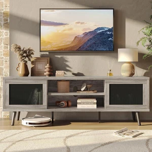 Boho TV Stand for Tvs up to 75 Inch, Rattan Entertainment Center with Sliding Do - Picture 1 of 9