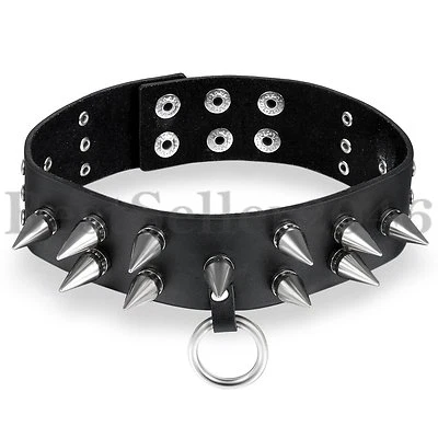Punk Gothic Wide Leather Belt Snap Choker 2 Layer Spike Stud Collar Necklace - Image 1 of 4