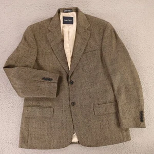 VTG Tweed Jacket M Beige Black Narrow Herringbone Wool Blazer Nautica 42S - Picture 1 of 15