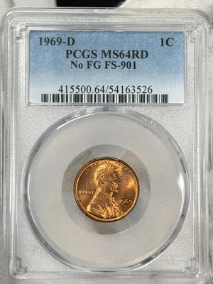 1969-D 1C Lincoln Cent PCGS MS64RD No FG FS-901 Error Variety Coin - Image 1 of 4