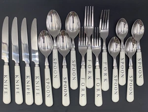 GIBSON Stainless Flatware 16 Pc Set White Plastic Handle KNIFE FORK SPOON Words - Picture 1 of 24