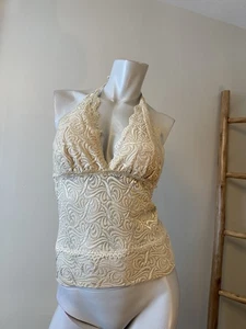 NWT Bebe Lace Halter Top Size M Cream Sheer w/ Lined Cups Y2K - Picture 1 of 5