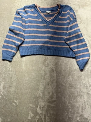 Suéter corto American Eagle Outfitters para mujer talla grande azul a rayas cuello tejido Foto 1 de 3