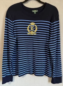 LRL Lauren Jeans Co Sweater Women XL BLue Striped Crest Logo 100% Cotton Casual - Picture 1 of 13