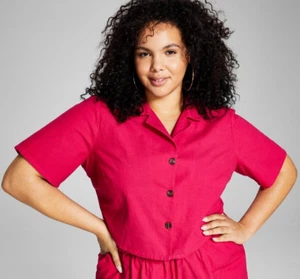 And Now This Women's Plus Size 100% Cotton Camp Shirt, Raspberry Dark Pink, 1X - Picture 1 of 1