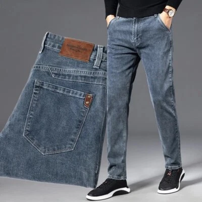 Men Straight Stretch Regular Jeans for Man Black Classic Vintage Mens Pant New - Image 1 of 4