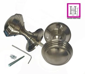 Door Knobs Mortice Queen Anne Reeded - Satin Finish on Brass Door Handles - Picture 1 of 23