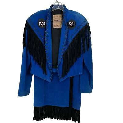Phoenix Frontier Western Fringe Jacket Skirt Set Sz S / M Blue Suede Beaded VTG - Image 1 of 4