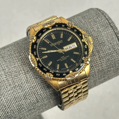 Wrangler Hero Watch Mens 38mm Day Date Black Dial Gold Tone New Battery READ - Image 1 of 4