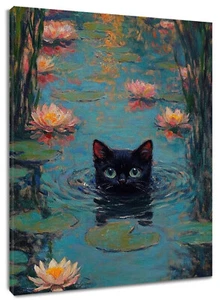 Arte de pared abstracto floral de lirio de agua rosa gato negro para baño sala de estar - Imagen 1 de 15